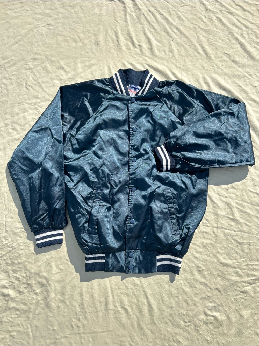 Mens Navy Satin Bomber Jacket with Stripe Trim